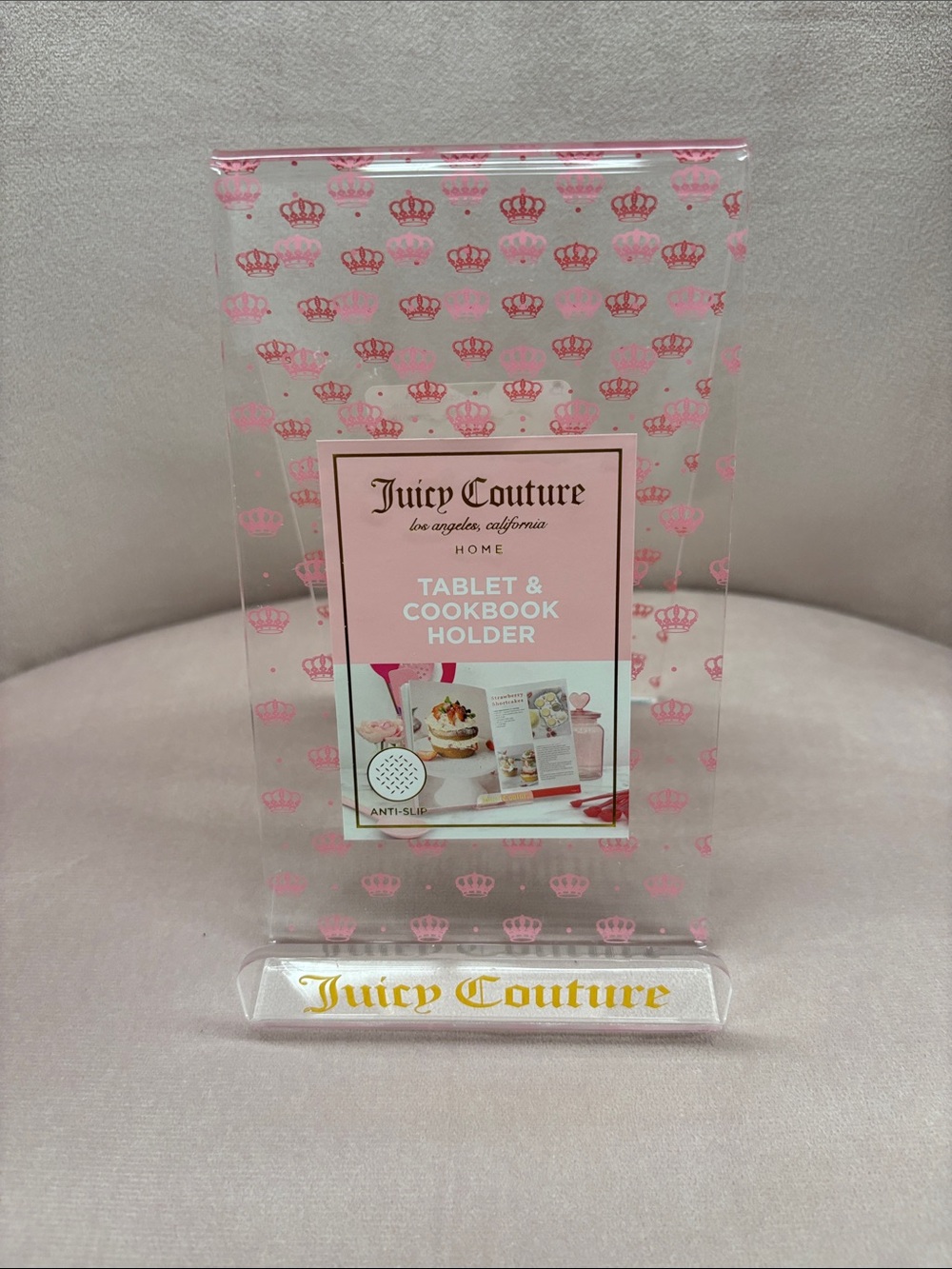 Juicy Couture Clear Acrylic Tablet & Cookbook Stand with Pink Crown Pattern